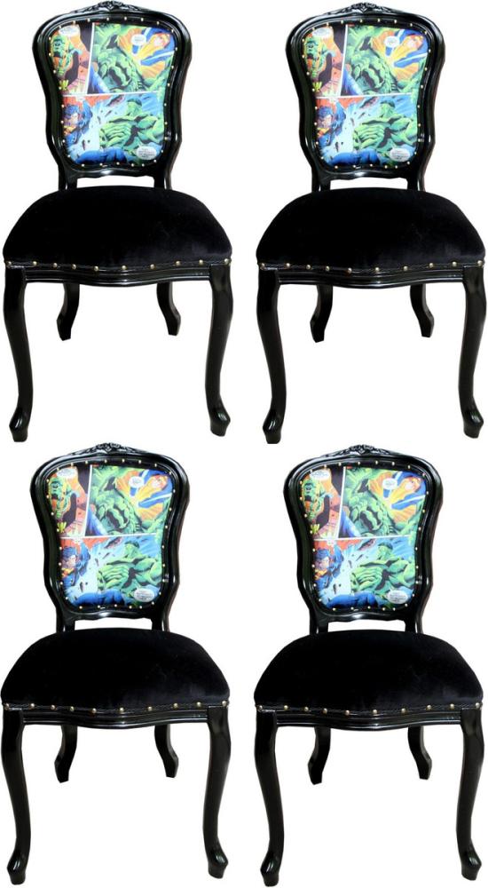 Casa Padrino Luxus Barock Esszimmer Set Comic Mehrfarbig / Schwarz 55 x 54 x H. 103 cm - 4 handgefertigte Esszimmerstühle - Designer Stühle - Barock Esszimmermöbel Bild 1