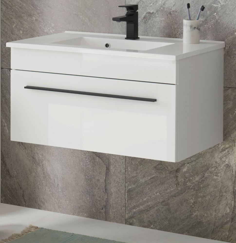 Waschbeckenunterschrank hängend mit Waschbecken Design-D in Hochglanz weiß 80 cm Bild 1