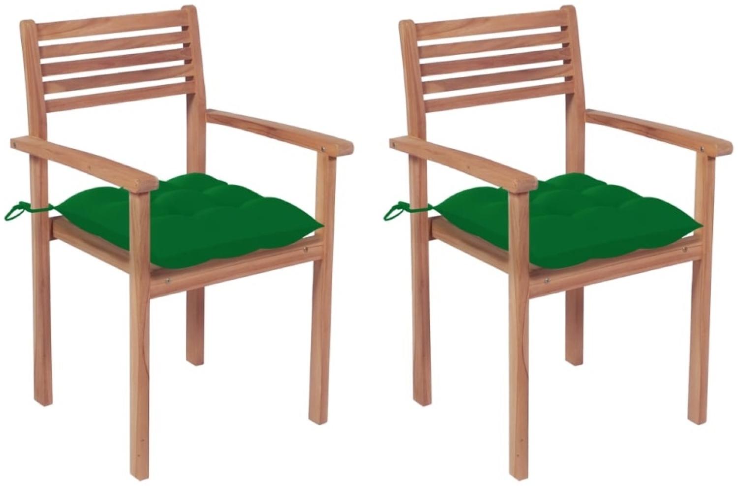 vidaXL Gartenstühle 2 Stk. mit Grünen Kissen Massivholz Teak Bild 1