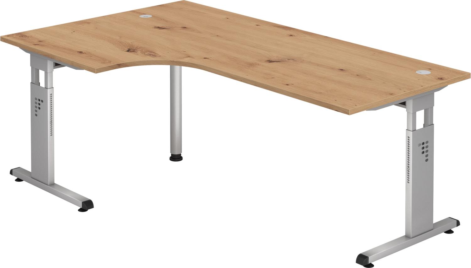 bümö® Eckschreibtisch O-Serie höhenverstellbar, Tischplatte 200 x 120 cm in Asteiche, Gestell in silber Bild 1