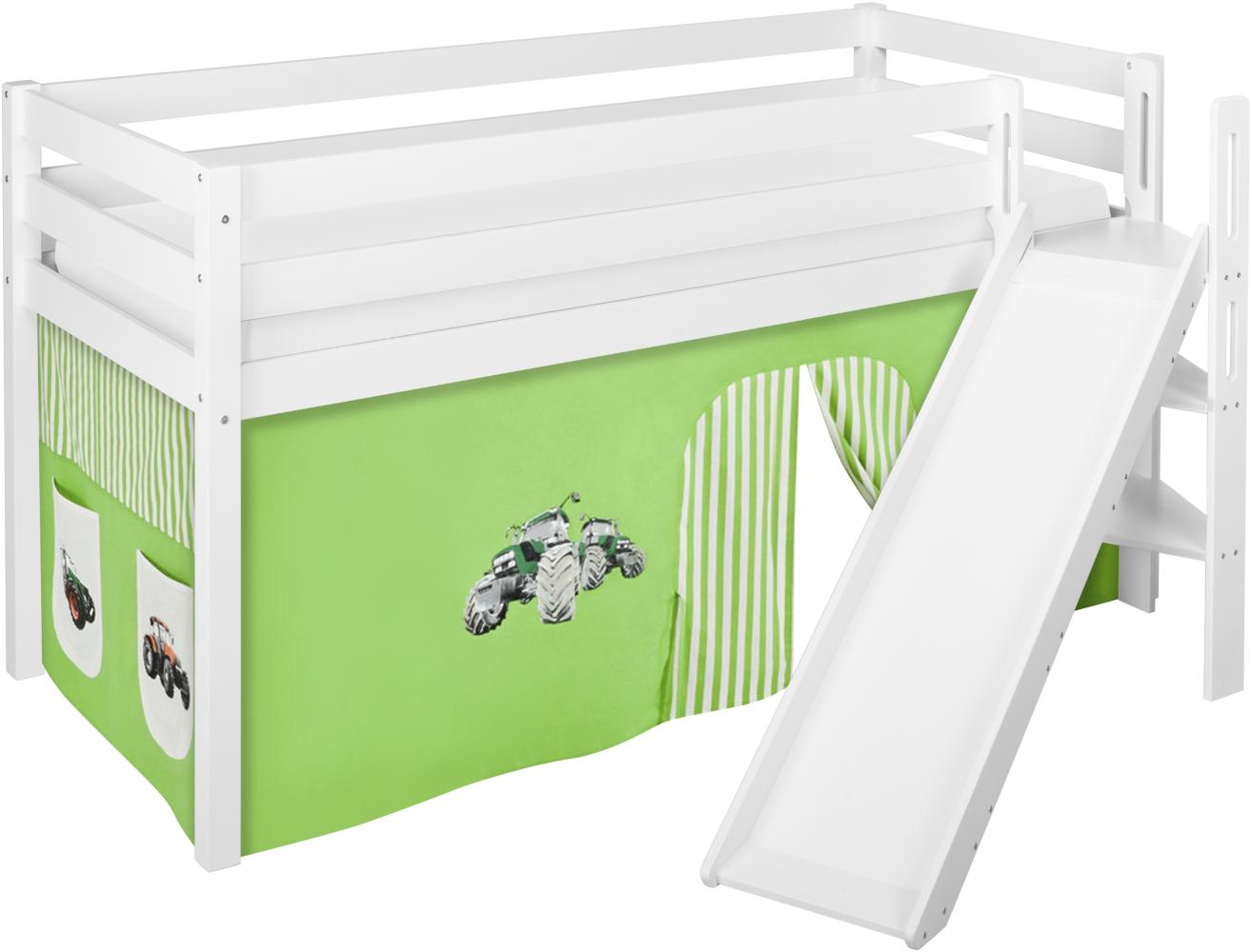 Lilokids 'Jelle' Spielbett 90 x 190 cm, Trecker Grün Beige, Kiefer massiv, mit schräger Rutsche und Vorhang Bild 1