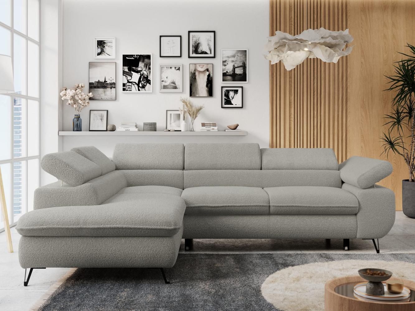 Ecksofa mit Bettfunktion, Modern Sofa, L-form, Einstellbare Kopfstützen, Bettkasten - PETER - Hellgrau Boucle - links Bild 1