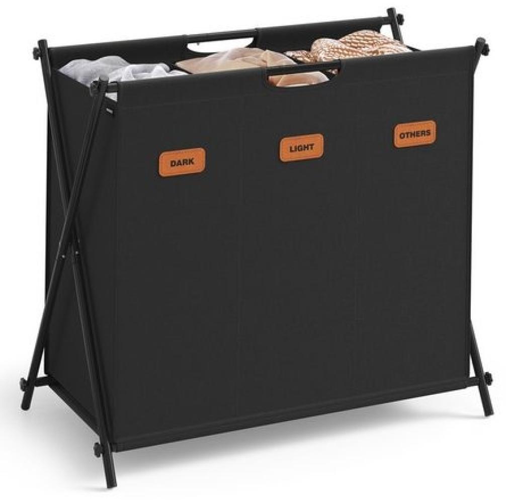 SONGMICS Wäschekorb, 135 Liter, 3 Fächer, klappbares X-Gestell, individuelle Etiketten, 600D Oxford-Gewebe, Stahl, Schwarz, 70 x 40 x 66 cm Bild 1