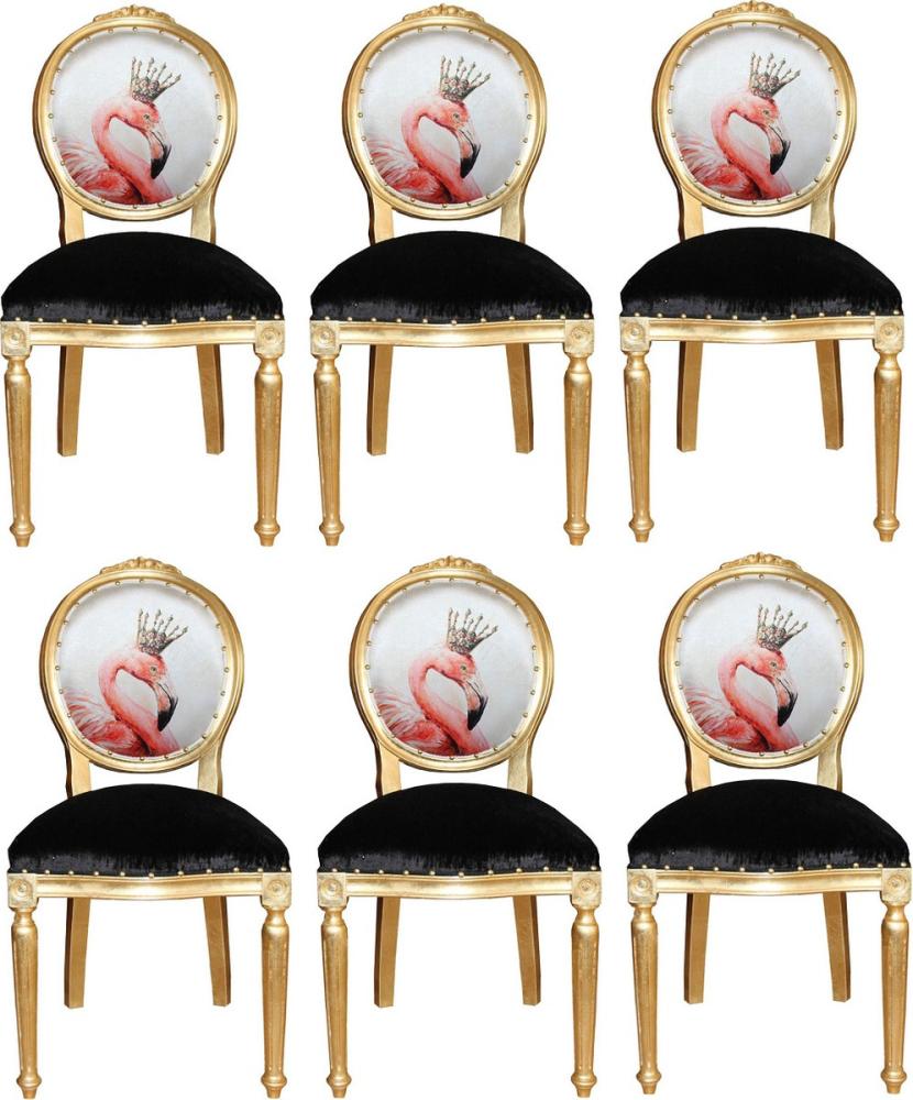 Casa Padrino Luxus Barock Esszimmer Set Flamingo mit Krone Gold / Schwarz / Mehrfarbig 48 x 50 x H. 98 cm - 6 handgefertigte Esszimmerstühle mit Bling Bling Glitzersteinen - Barock Esszimmermöbel Bild 1