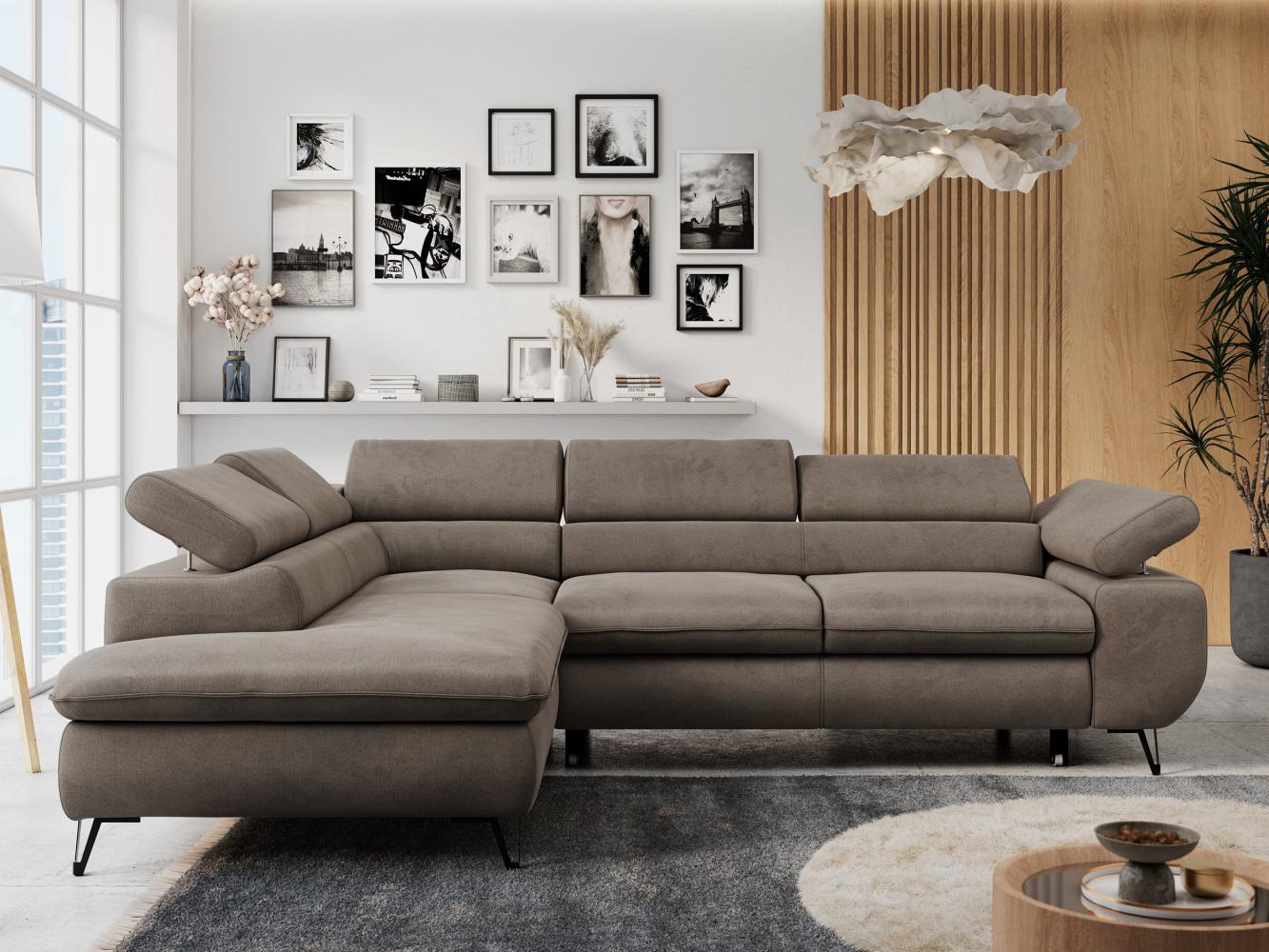 Ecksofa mit Bettfunktion, Modern Sofa, L-form, Einstellbare Kopfstützen, Bettkasten - PETER - Braun Velours - links Bild 1