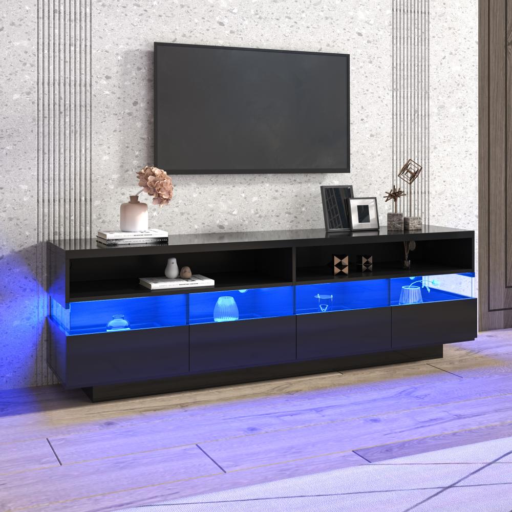 Merax Lowboard mit Nischen und Schubladen, TV-Schrank hochglanz mit LED, TV-Board, TV-Ständer, B:173,5cm, Schwarz Bild 1