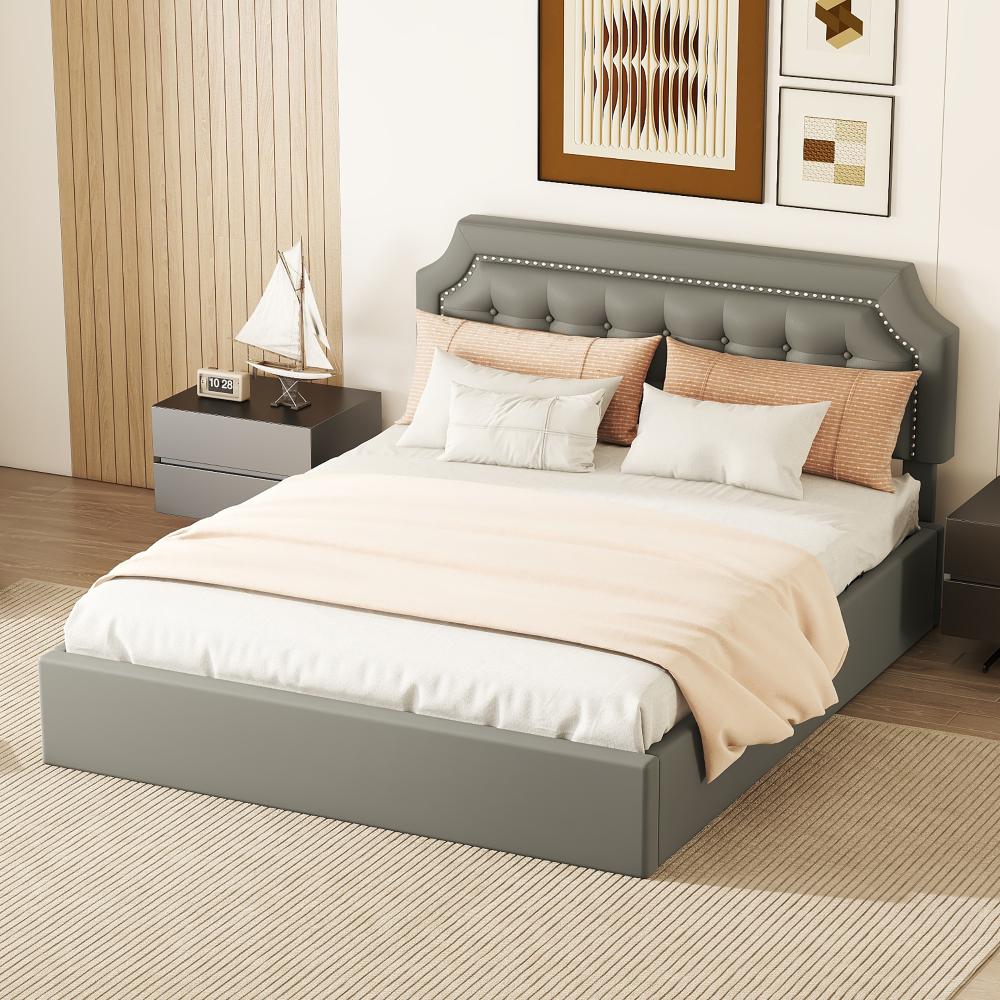 Merax 160*200cm Flachbett, Polsterbett, hydraulisches Zwei-Wege-Bett, minimalistisches Design, stilvolle Polsterung, Grau Bild 1