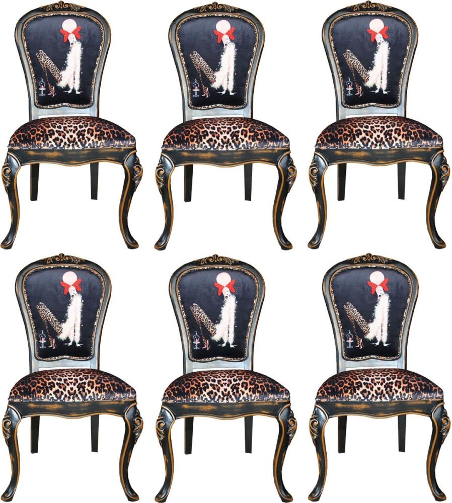 Casa Padrino Luxus Barock Esszimmer Set Dame mit High Heels Leopard / Schwarz / Braun 50 x 50 x H. 110 cm - 6 handgefertigte Esszimmerstühle - Barockmöbel Bild 1