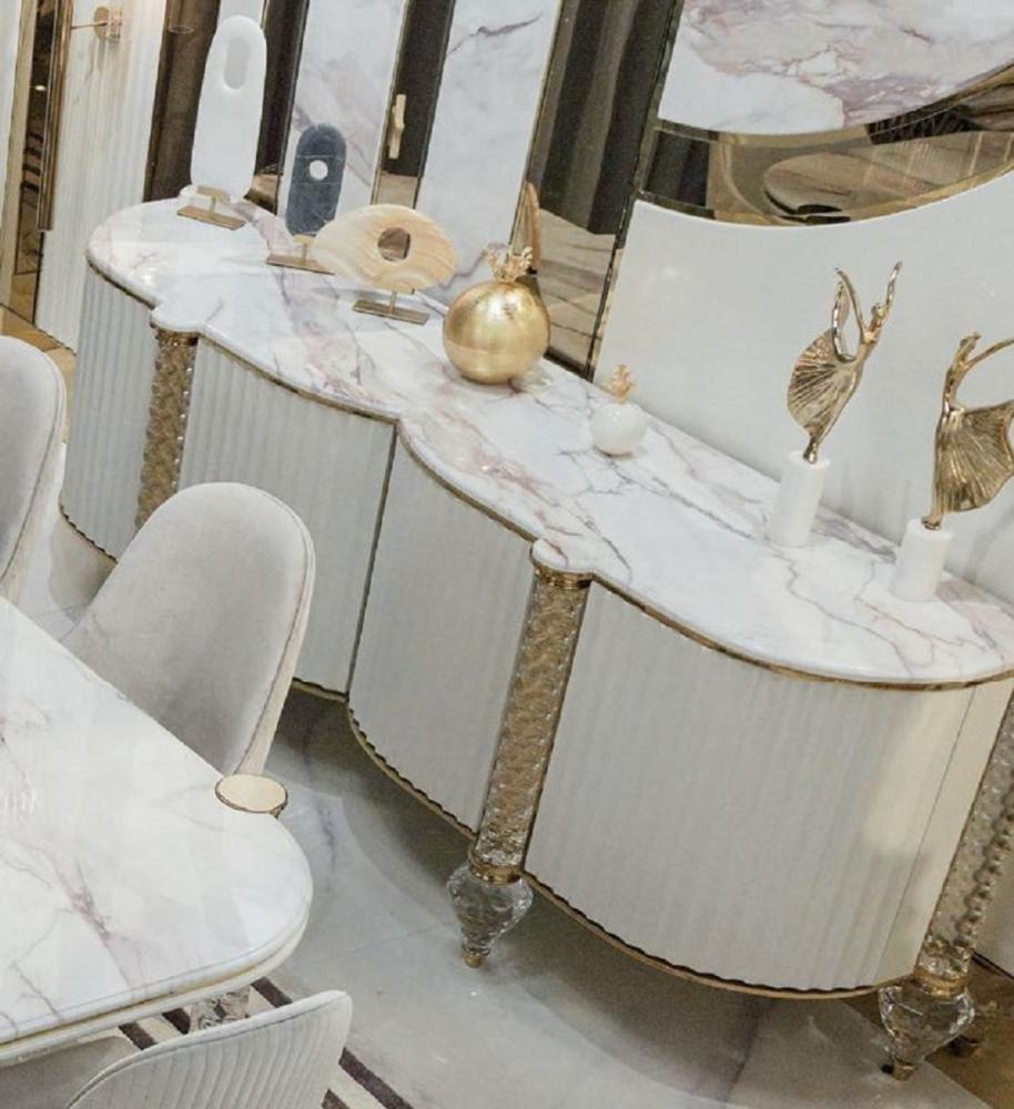 Casa Padrino Luxus Art Deco Sideboard Weiß / Grau / Gold 246 x 60 x H. 89 cm - Edler Massivholz Schrank mit 4 Türen und Kunstmarmor Platte - Luxus Art Deco Möbel - Luxus Qualität Bild 1