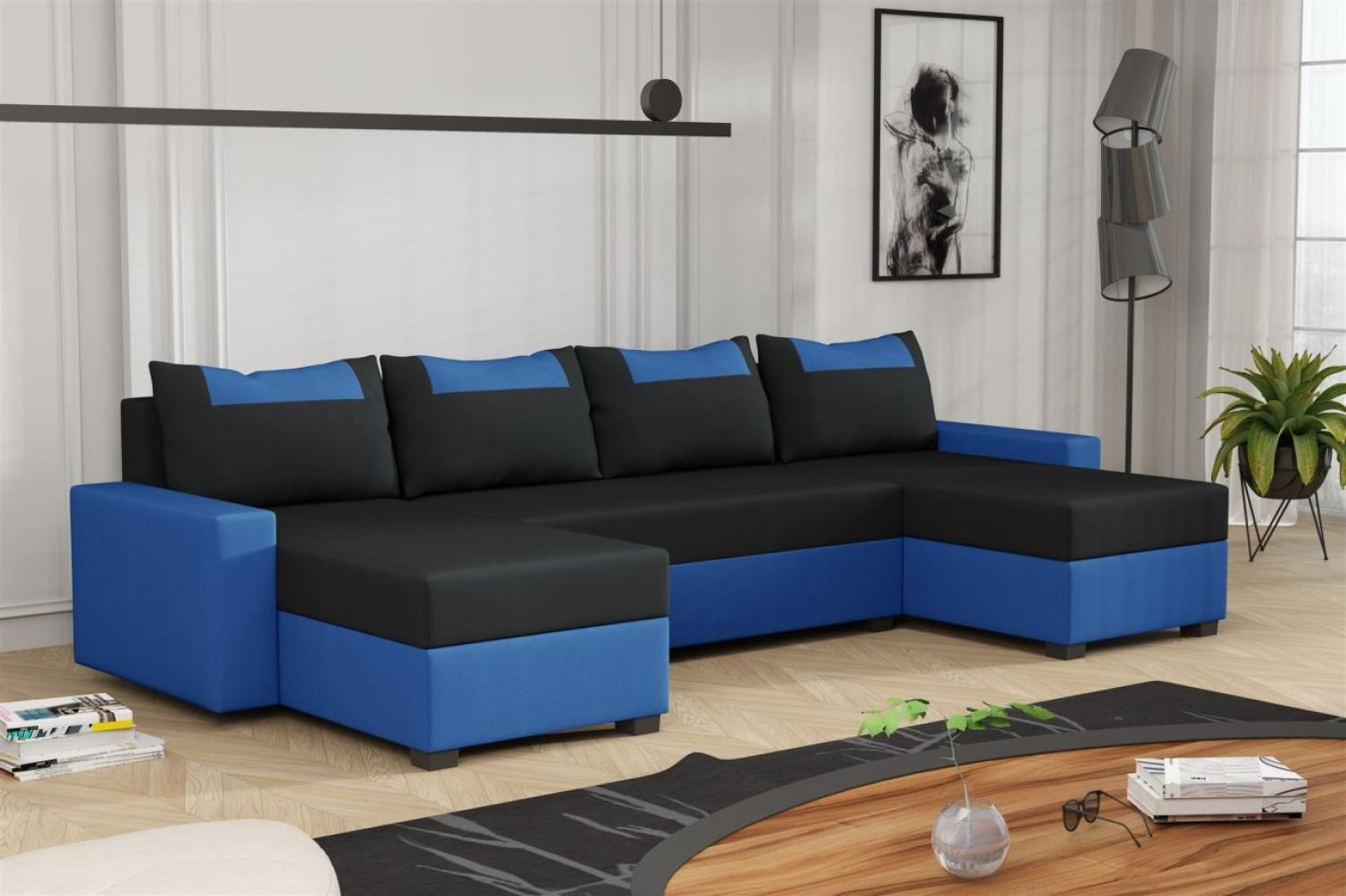 Wohnlandschaft Schlafsofa Sofa HEDVIG Stoff Manila Blau- Schwarz Bild 1