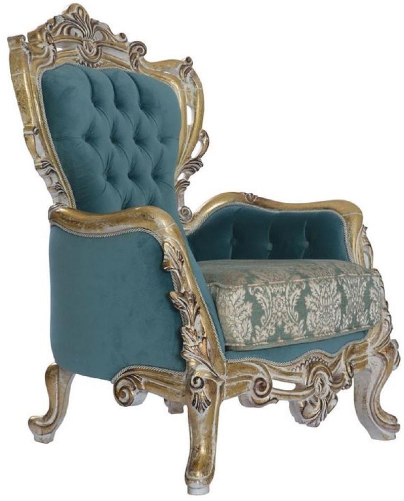 Casa Padrino Luxus Barock Sessel Blau / Gold - Handgefertigter Barockstil Wohnzimmer Sessel mit elegantem Muster - Barock Wohnzimmer Möbel Bild 1