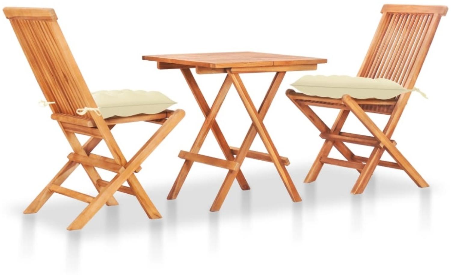 3-tlg. Bistro-Set mit Cremeweißen Kissen Massivholz Teak Bild 1