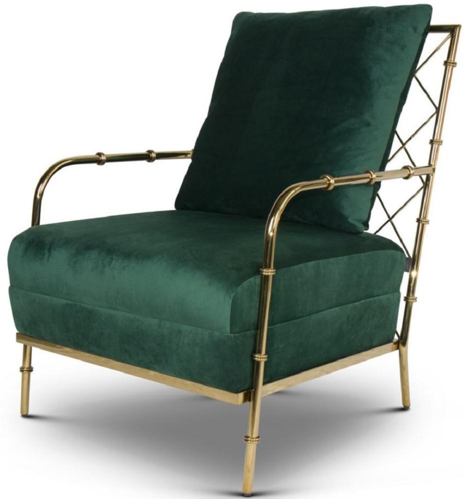 Casa Padrino Luxus Samt Sessel Dunkelgrün / Gold 65 x 72 x H. 83 cm - Moderner Edelstahl Wohnzimmer Sessel in Bambusoptik - Luxus Möbel Bild 1