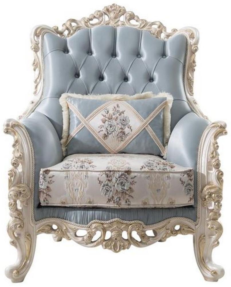 Casa Padrino Luxus Barock Wohnzimmer Sessel mit dekorativem Kissen Hellblau / Creme / Weiß / Gold 97 x 90 x H. 120 cm - Edle Barock Wohnzimmer Möbel Bild 1