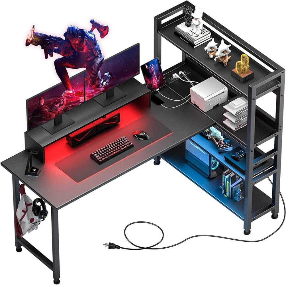 GTPLAYER Computertisch Gamingtisch Gaming Tisch Schreibtisch mit 4 Ablagen Netzsteckdose, 55 Zoll Schreibtisch mit Monitorständer und eingebaute LED-Lichter Bild 1