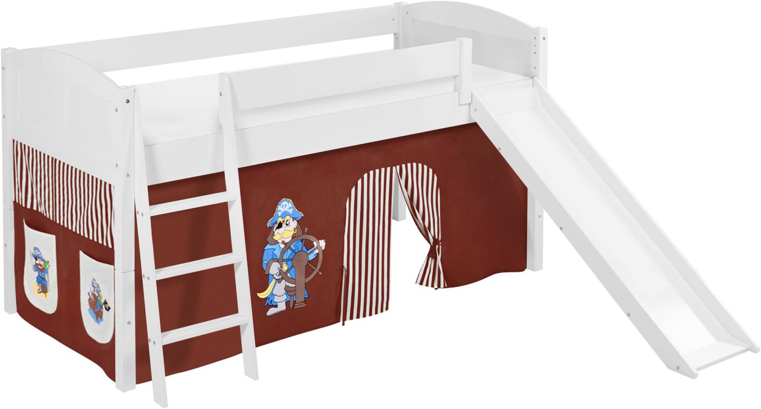 Lilokids 'Ida 4106' Spielbett 90 x 200 cm, Pirat Braun Beige, Kiefer massiv, mit Rutsche und Vorhang Bild 1