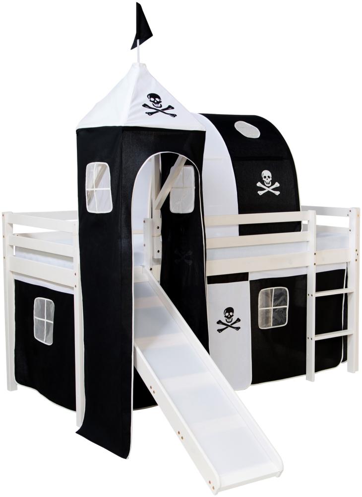 Homestyle4u Spielbett mit Tunnel und Rutsche, Pirat, Kiefernholz weiß, 90 x 200 cm Bild 1