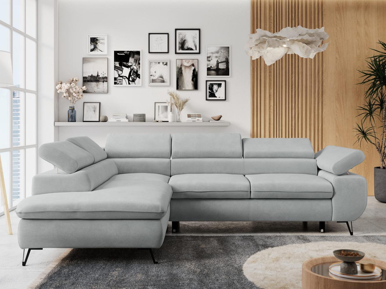 Ecksofa mit Bettfunktion, Modern Sofa, L-form, Einstellbare Kopfstützen, Bettkasten - PETER - Hellgrau Mikrofaser - Topper T25 - links Bild 1