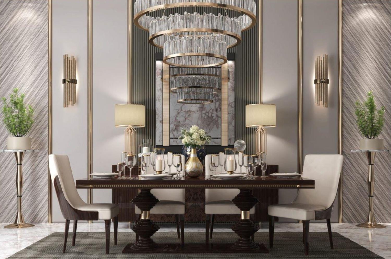 Casa Padrino Luxus Art Deco Esszimmer Stuhl Set Beige / Dunkelbraun Hochglanz - Küchen Stühle 6er Set - Edle Art Deco Esszimmer Möbel Bild 1