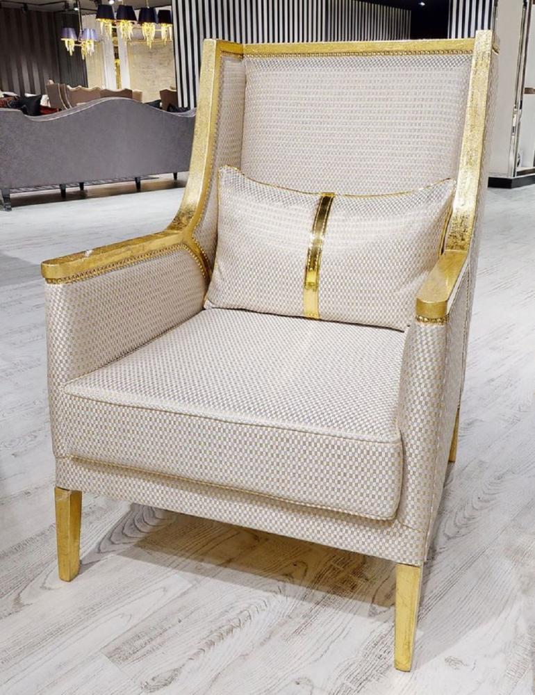 Casa Padrino Luxus Barock Wohnzimmer Sessel Weiß / Gold - Handgefertigter Barockstil Sessel mit elegantem Muster - Barock Wohnzimmer Möbel Bild 1