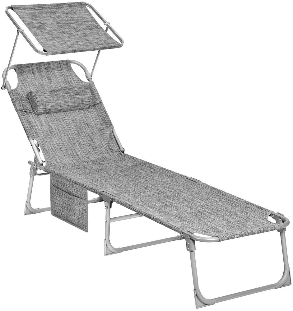Sonnenliege, klappbarer Liegestuhl, 53 x 193 x 29 cm, bis 150 kg belastbar, Sonnenschutz, Kopfstütze, verstellbarer Rückenlehne, für Garten, Pool, Terrasse, grau Bild 1