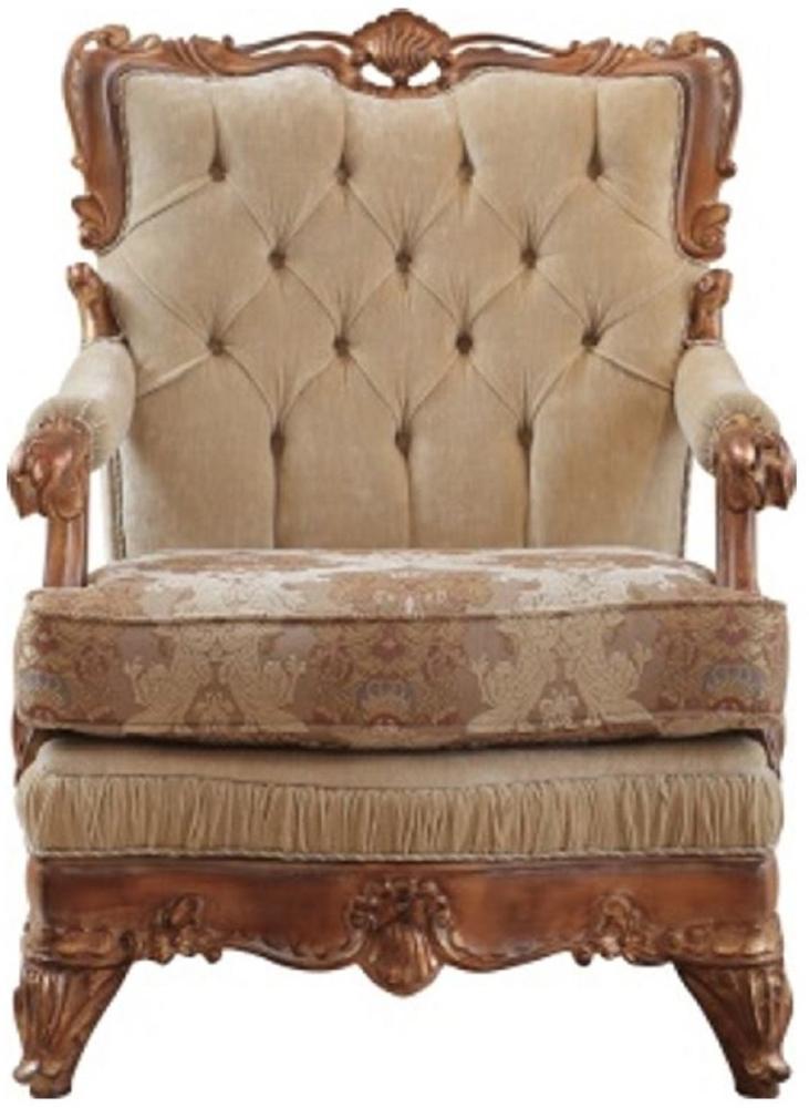 Casa Padrino Luxus Barock Sessel Beige / Braun - Prunkvoller Wohnzimmer Sessel mit elegantem Muster - Barock Wohnzimmer Möbel Bild 1