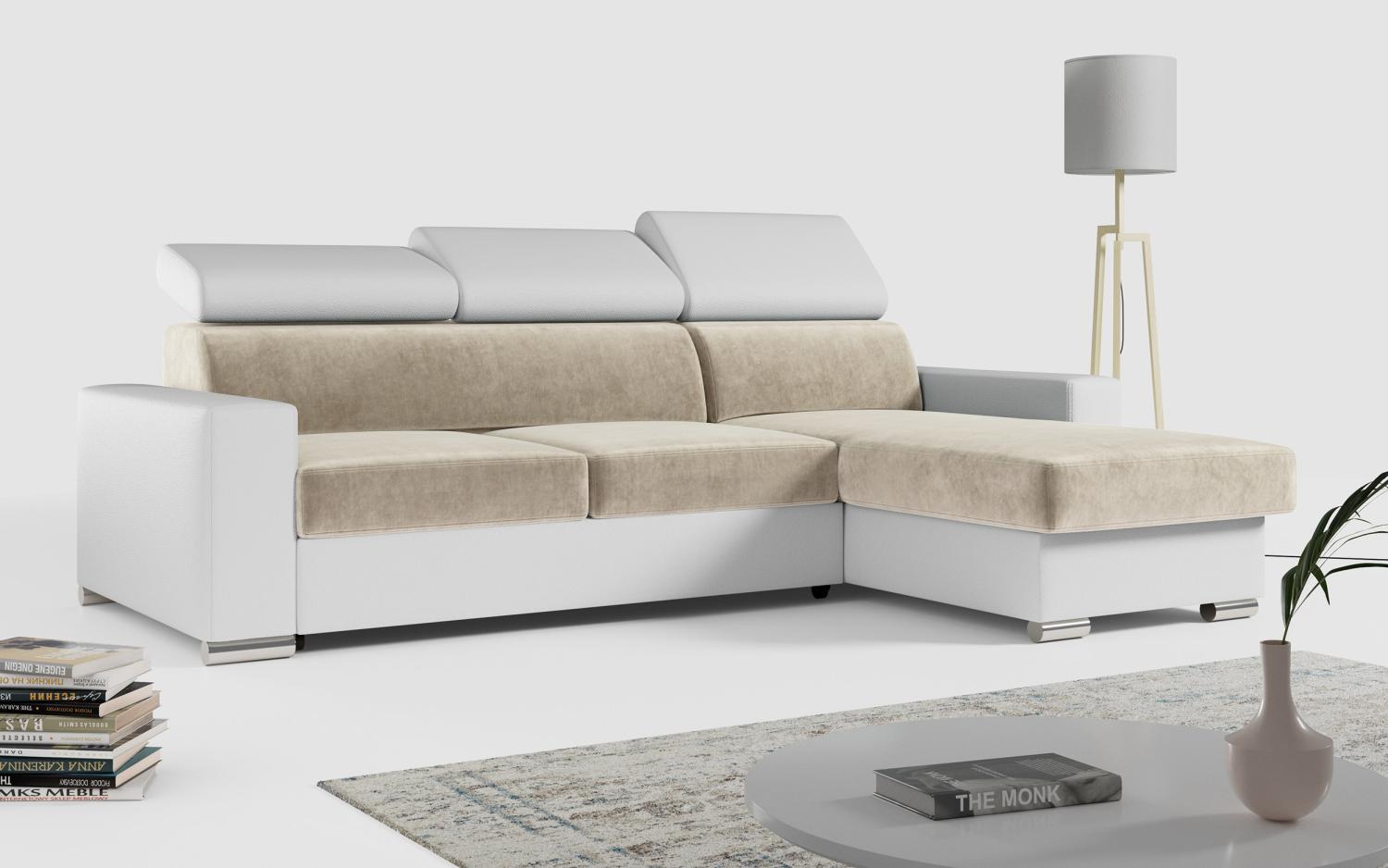 Ecksofa, Verstellbare Kopfstützen, L Couch, Polstersofa mit Bettkasten - FOX-L - Beige - Weiß Bild 1