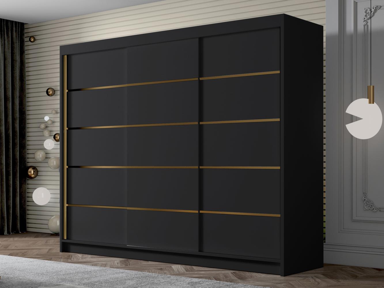 Kleiderschrank mit Goldverzierung Aramao VII mit drei Schwebetüren (Farbe: Schwarz) Bild 1