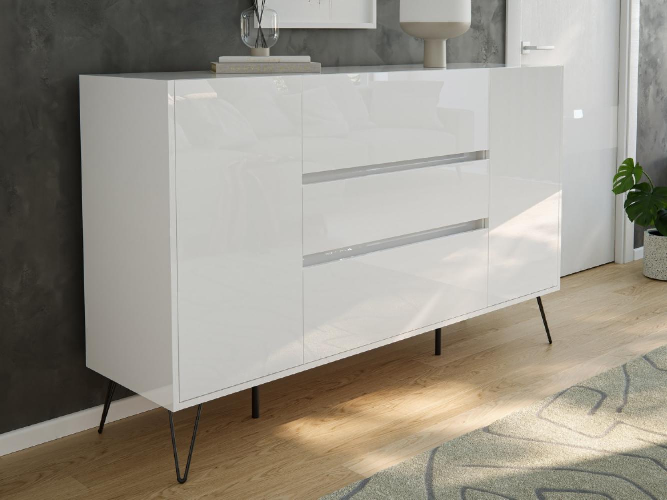 Design Sideboard Kommode Lovo 155cm Greifraum 3 SoftClose 2 Türen Weiß hochglanz : Weiss hochglanz Bild 1