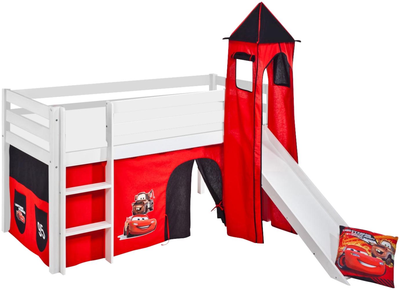Lilokids 'Jelle' Spielbett 90 x 190 cm, Disney Cars, Kiefer massiv, mit Turm, Rutsche und Vorhang Bild 1