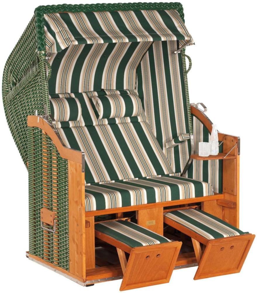Sonnenpartner Strandkorb Classic 2-Sitzer Halbliegemodell grün/beige mit 2 Nackenrollen und Staufach Bild 1