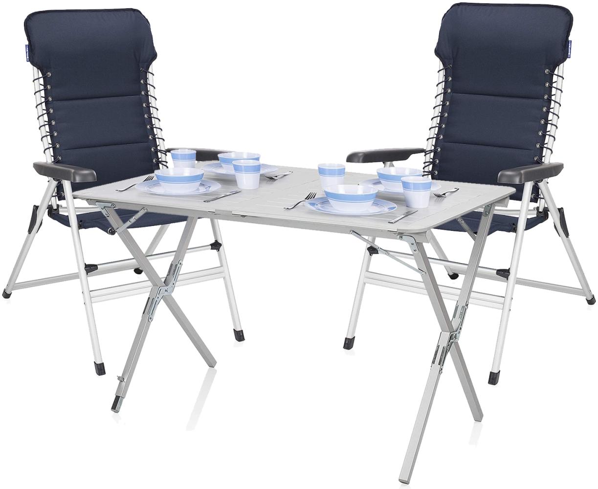 Campingtisch mit 2 Stühlen SET - Hochlehner Blau mit ALU Rolltisch 110x70cm Bild 1