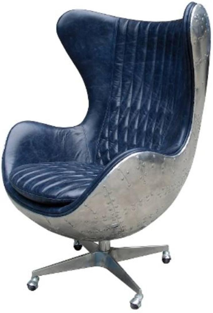 Casa Padrino Echtleder Lounge Chair Blau / Silber in Ei-Form 87 x 77 x H. 116 cm - Luxus Drehsessel Bild 1