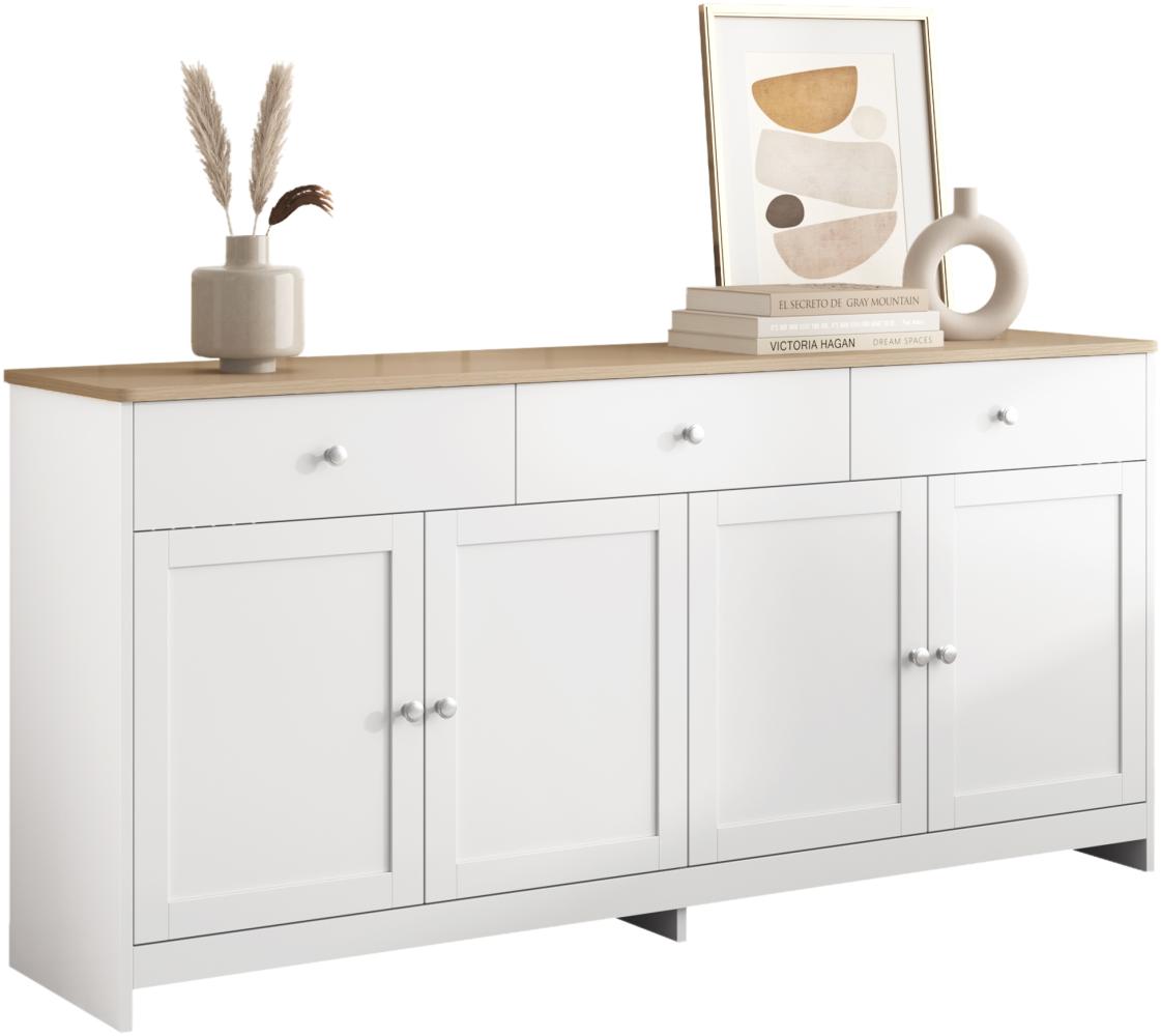 Merax Kommode Aufbewahrungsschrank mit drei Schubladen und vier Klappen, Sideboard im Landhausstil, Breite 160cm Bild 1