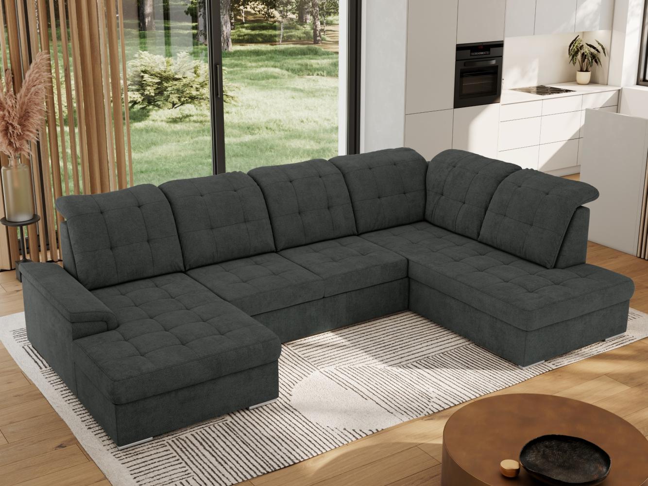 Ecksofa, Wohnzimmer U Couch, Polstersofa mit Bettkasten - MADRITO U - Dunkelgrau Struktur - Rechts Bild 1