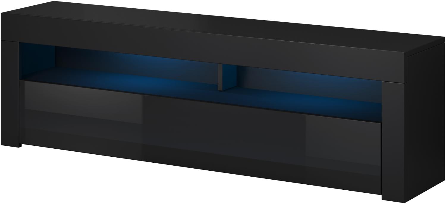 Domando Lowboard Artisano 140cm Modern für Wohnzimmer Breite 140cm, Hochglanzfront, mit LED Beleuchtung in blau, Schwarz Matt und Schwarz Hochglanz Bild 1