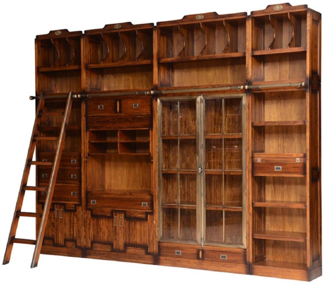 Casa Padrino Luxus Vintage Stil Bücherschrank mit Leiter Braun 331 x 34 x H. 256 cm - Massivholz Schrank - Regalschrank - Wohnzimmerschrank - Büroschrank - Luxus Massivholz Möbel - Büro Möbel Bild 1