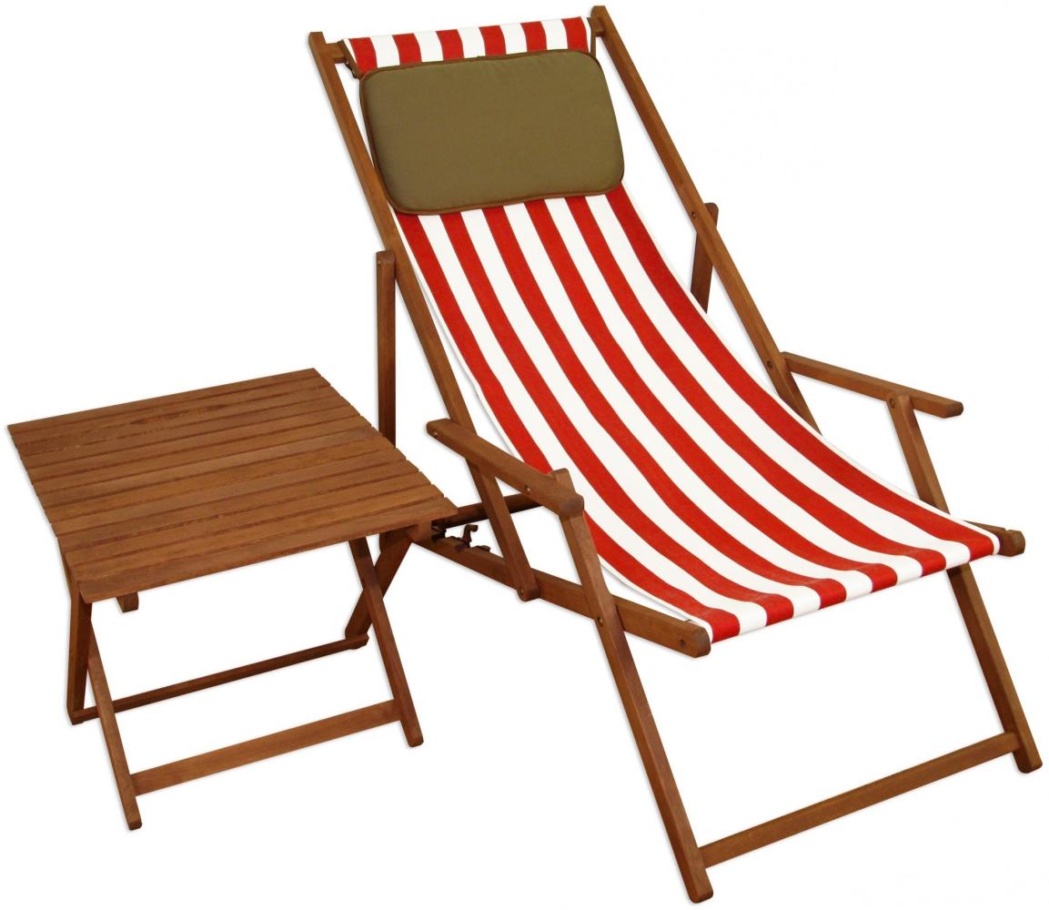 Gartenliege rot-weiß Liegestuhl Tisch Kissen Sonnenliege Deckchair Buche dunkel 10-314 T KD Bild 1
