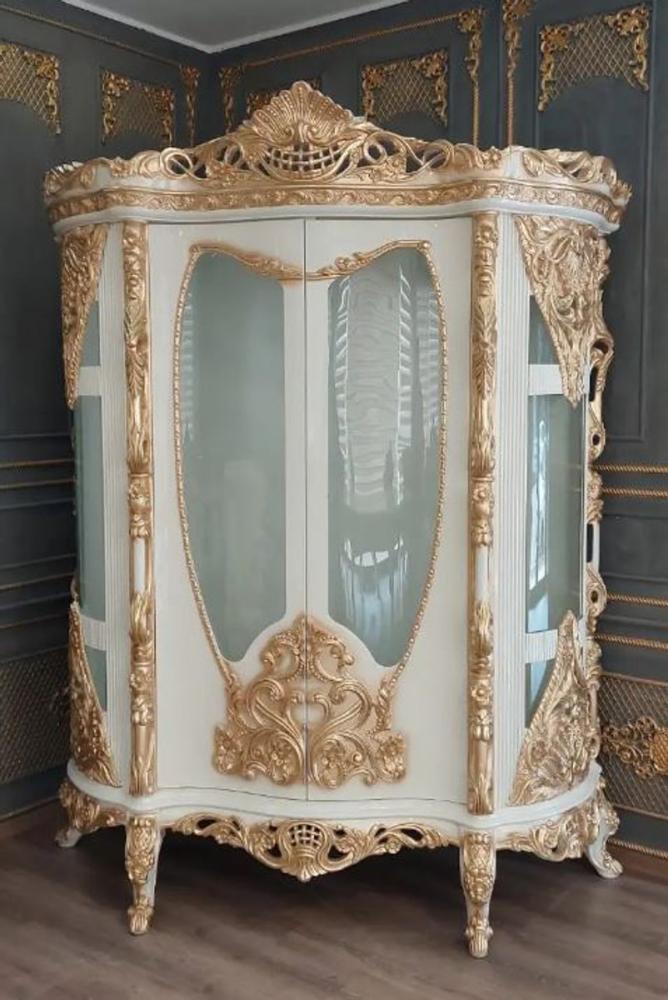 Casa Padrino Luxus Barock Vitrine Weiß / Gold - Prunkvoller Massivholz Vitrinenschrank mit 2 Glastüren - Handgefertigte Barock Möbel Bild 1