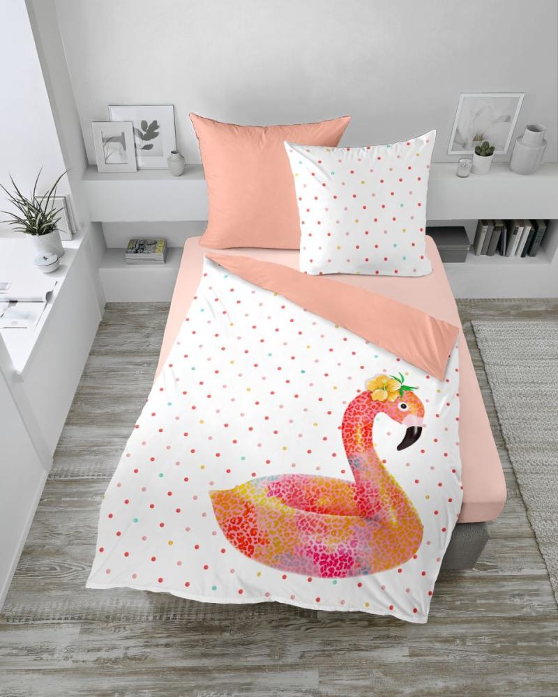 Dormisette Mako Satin Wendebettwäsche 2 teilig Bettbezug 135 x 200 cm Kopfkissenbezug 80 x 80 cm 2442_Fb20 Flamingo Punkte pink weiß Bild 1