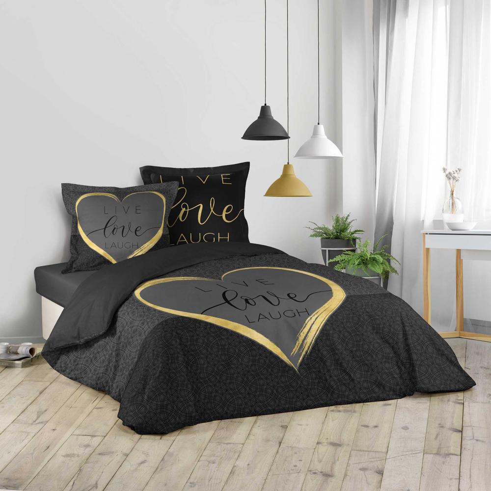 3tlg. Bettwäsche 200x200 Bettdecke Set Garnitur Kissen Übergröße schwarz gold Bild 1