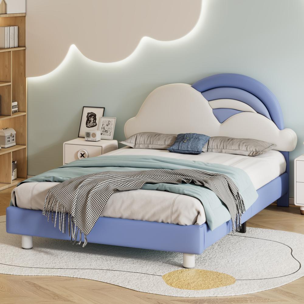 Merax 140x200cm Doppelbett, Polsterbett mit kuscheligem Regenbogenwolken-Kopfteil, Holzlattenrost, PU, Blau Bild 1