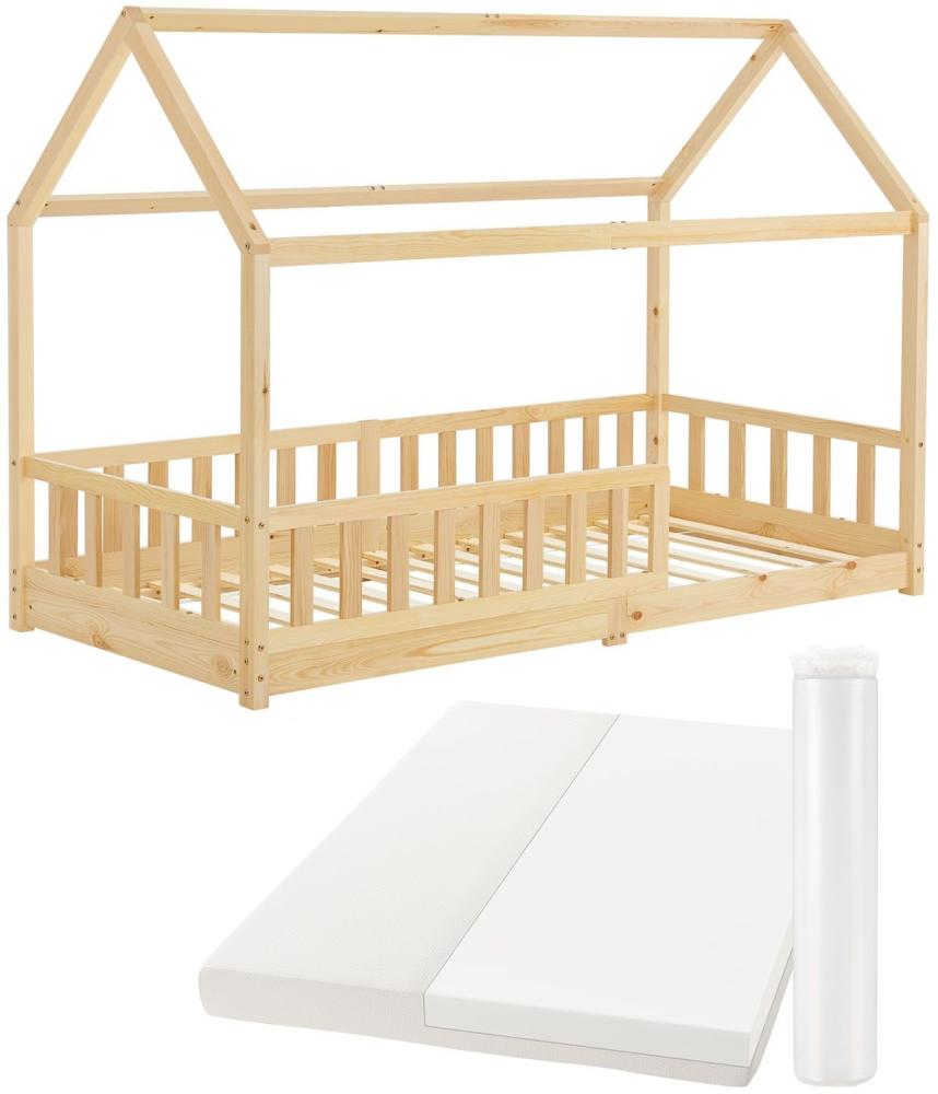 Juskys Kinderbett Marli 90 x 200 cm mit Matratze, Rausfallschutz, Lattenrost & Dach - Massivholz Hausbett für Kinder - Bett in Natur Bild 1