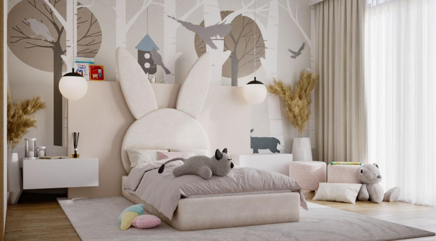 Kinderbett Polsterbett Bett HÄSCHEN 90x200cm Stoff Bukla Weiß ohne Matratze Bild 1