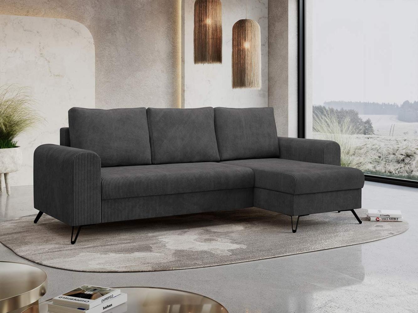 Ecksofa Wohnzimmer aus Cordstoff mit Schlaffunktion - HUGO-lin - Dunkelgrau Velours Bild 1