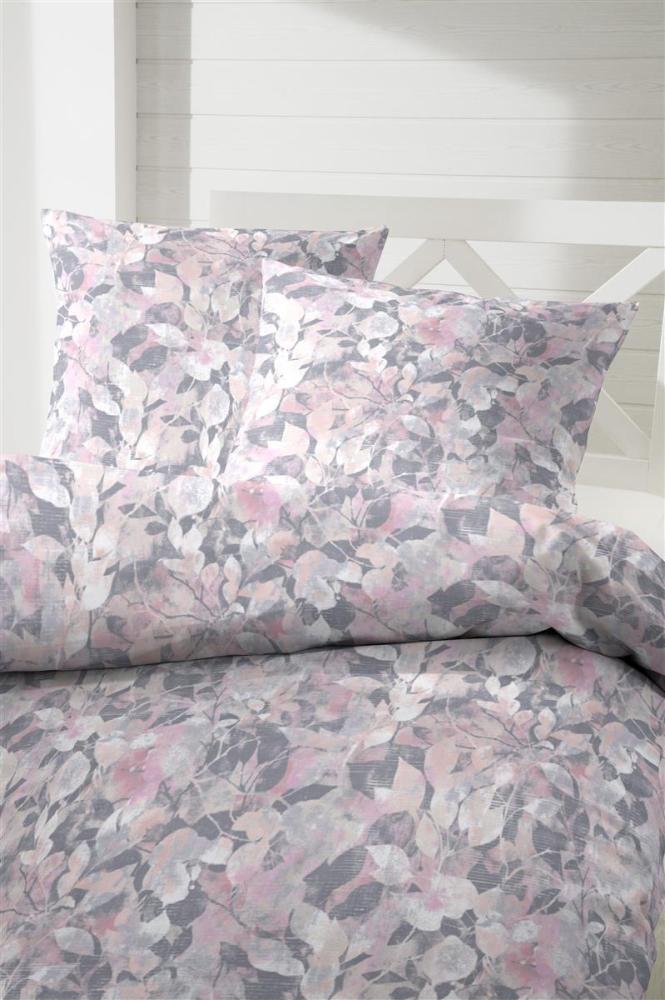 Primera Mako-Satin Bettwäsche 155x220 Blätter graublau rosa 243201-84 Bild 1