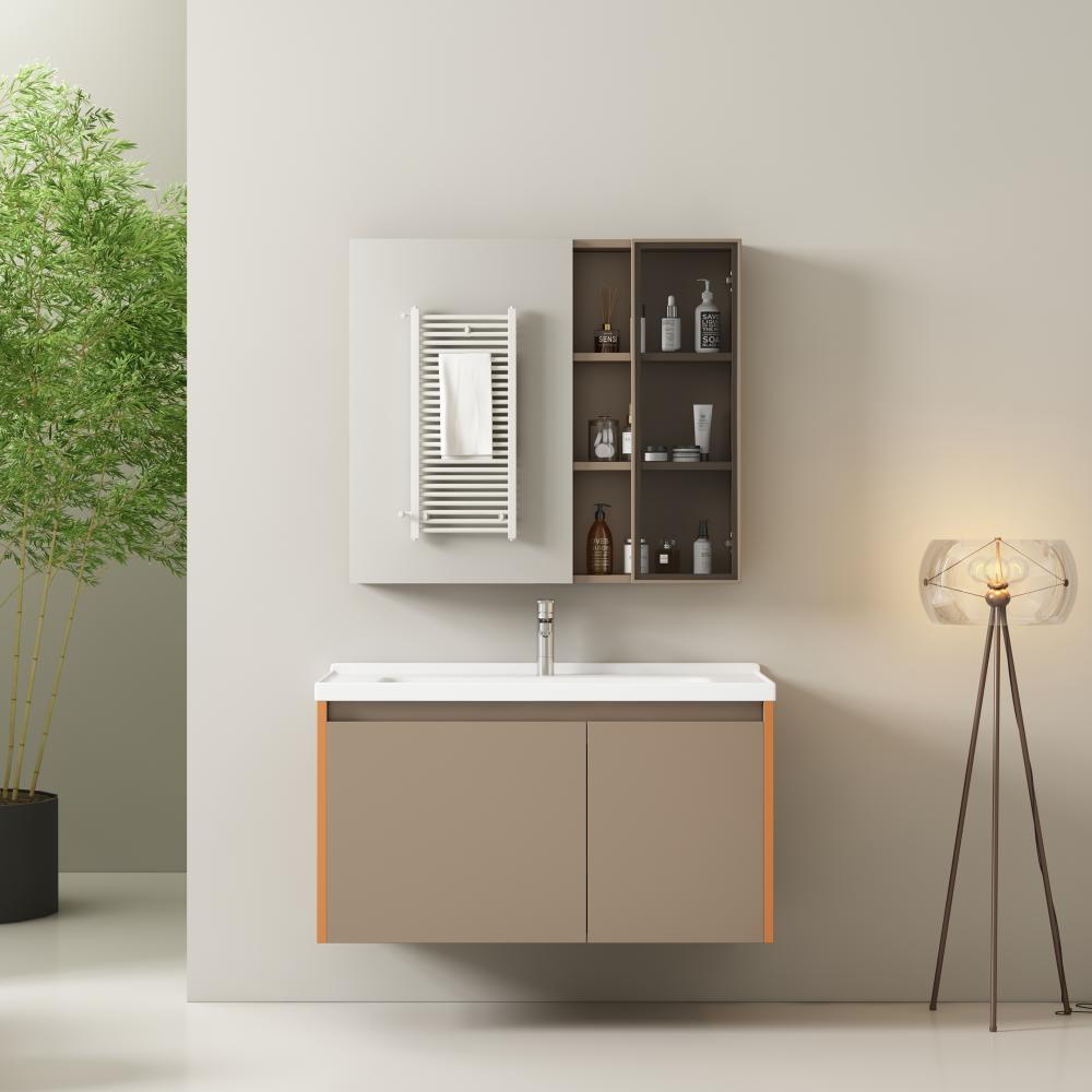 Merax Badezimmer Badmöbel Set :Waschbeckenunterschrank hängend 90cm breit,mit eramikwaschbecken,Spiegelschrank,hellbraun Bild 1