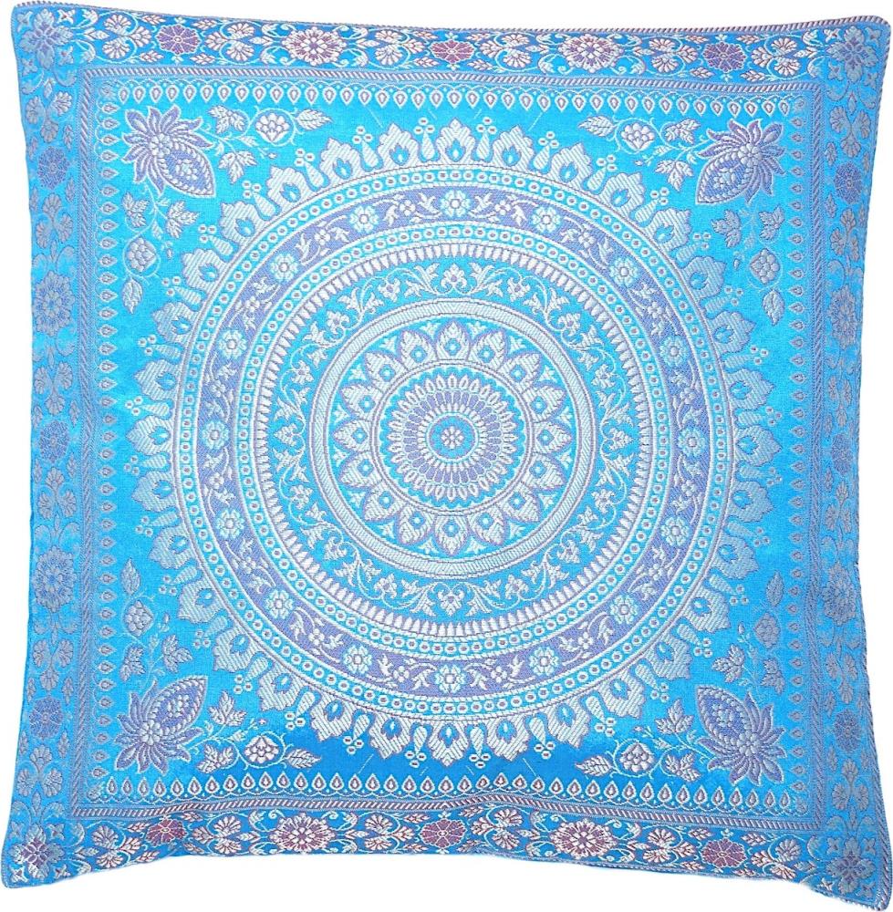 Handgewebter indischer Oriental Banarasi Seide Deko-Kissenbezug mit Extravaganten Mandala Design in Türkis-Blau - 40 cm x 40 cm Bild 1