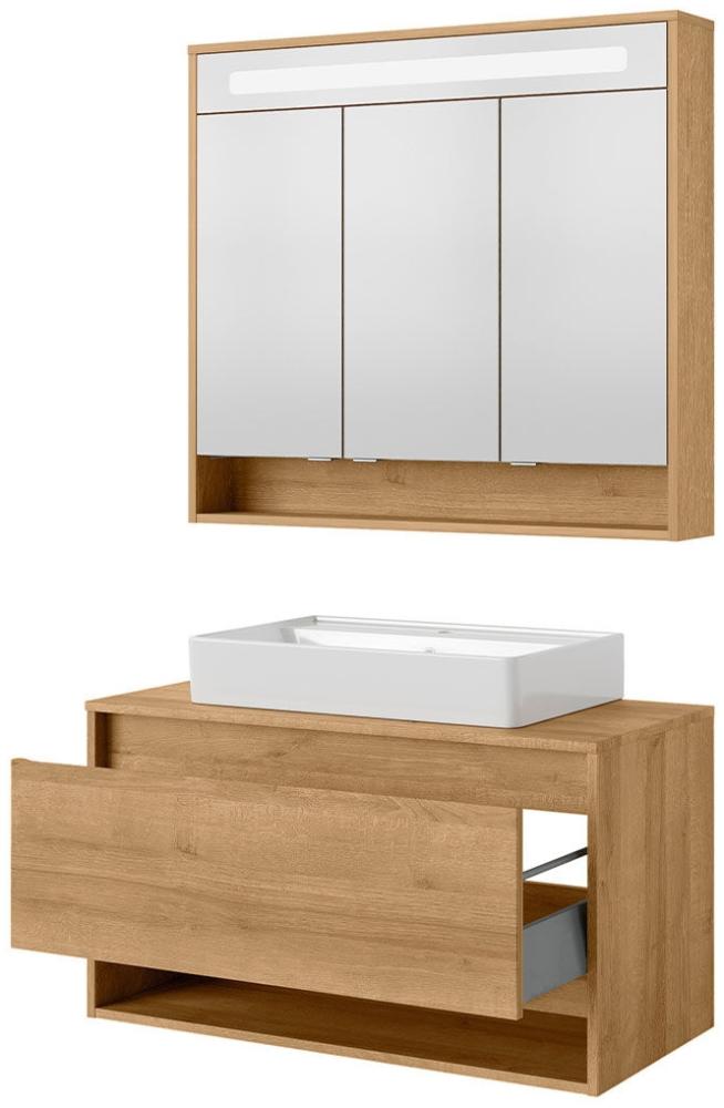 Fackelmann NATURA Badmöbelset 3-teilig, Keramikbecken, LED Spiegelschrank, 94 cm breit, Braun hell Bild 1