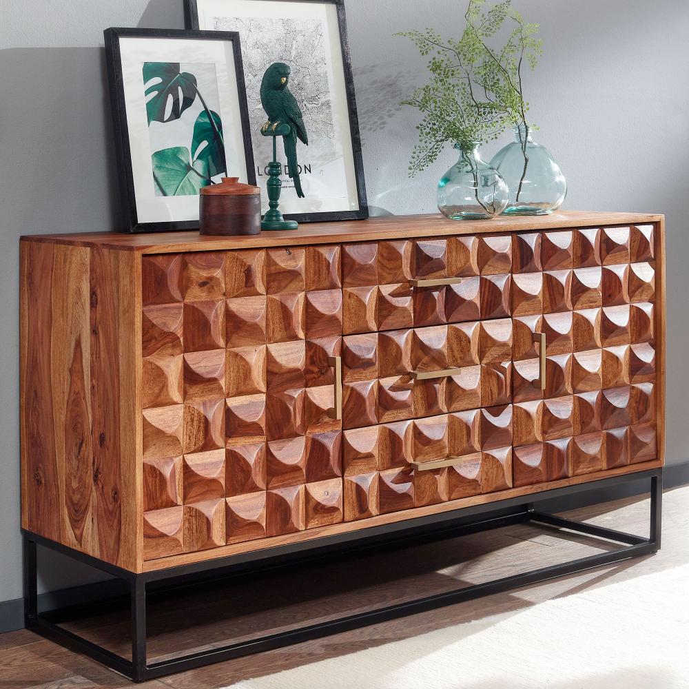 KADIMA DESIGN Sheesham Holz Sideboard im Industrial Design – 145x81x45 cm – Elegante Anrichte mit Metallgestell. Bild 1